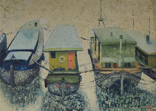 1960s Continental School, oil on board, view of houseboats, initialled W and dated 66, 54 x 75cm